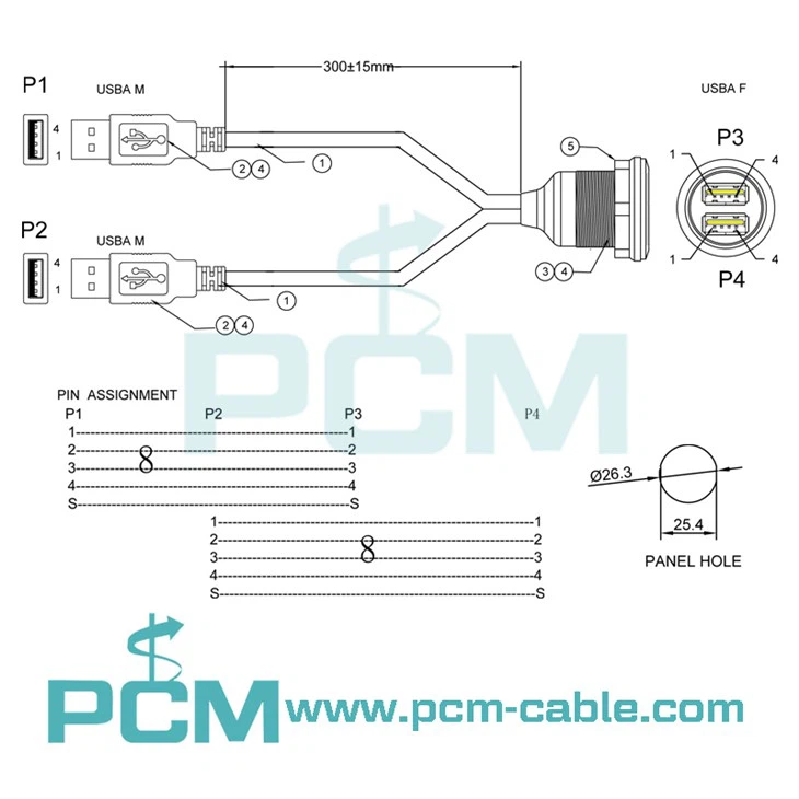 drawing dimension cutout size of dual usb panel mount extension cable