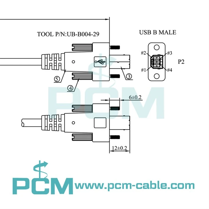 dimensions drawing of USB 2.0 type B screw lock cable